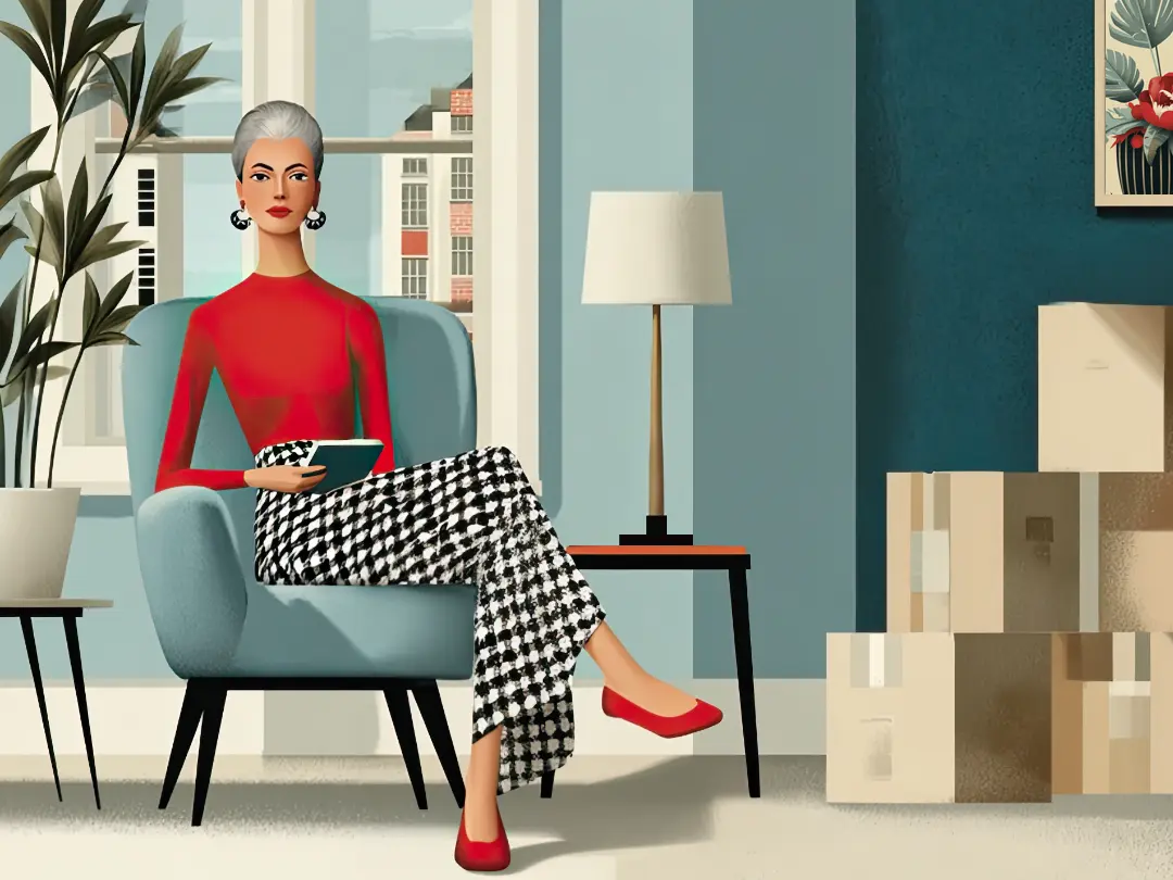 Illustration of a woman in her 50s looking relaxed after using the 80 20 rule to pack away unwanted items.