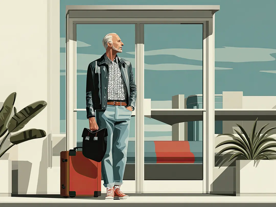 Illustration of a man in his 50's waiting for the shuttle bus in front of an airport hotel. He feels comfortable because has followed a list of flying tips before booking his flight. 