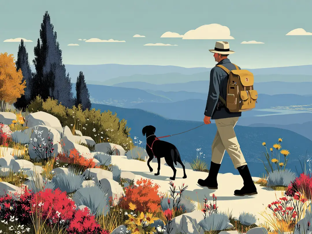 illustration of a man hiking with a dog through a scenic mountain landscape in a forest, one of many wellness hacks that are fun to implement
