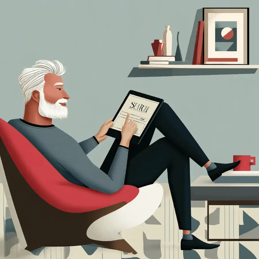 Illustration of a man in his 50s browsing topics designed to help people over 50 and those who are highly sensitive live a better life.