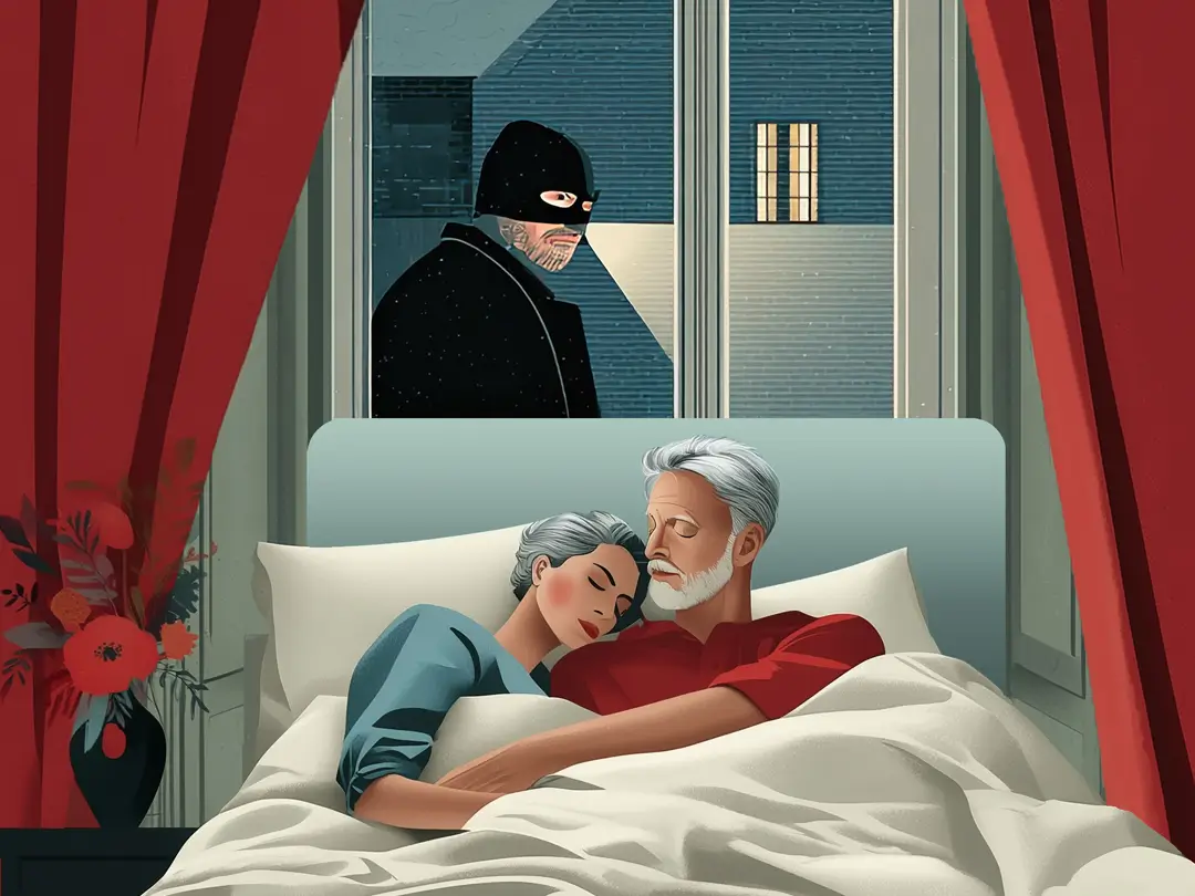 Illustration of a couple sleeping peacefully (while a prowler looks through their window) because they have installed a smart home security system.