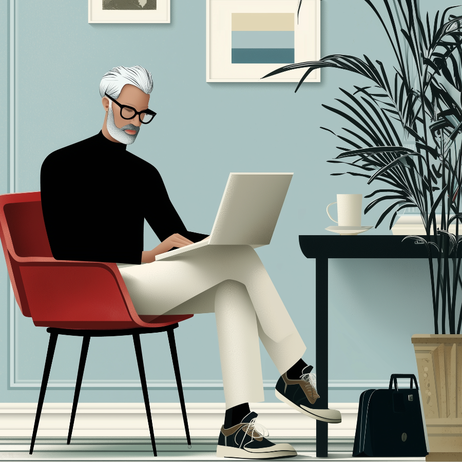 Illustration of a handsome man in his 50s using his laptop to contact us