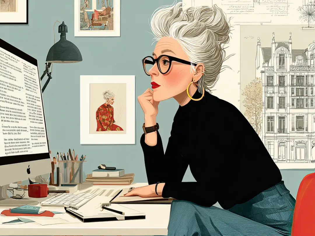 Illustration of a woman in her 50s on her computer, using Artificial Intelligence for health management