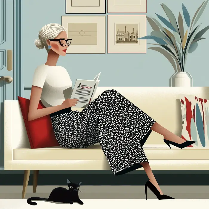 Illustration of an woman in her 50s reading a book on her couch