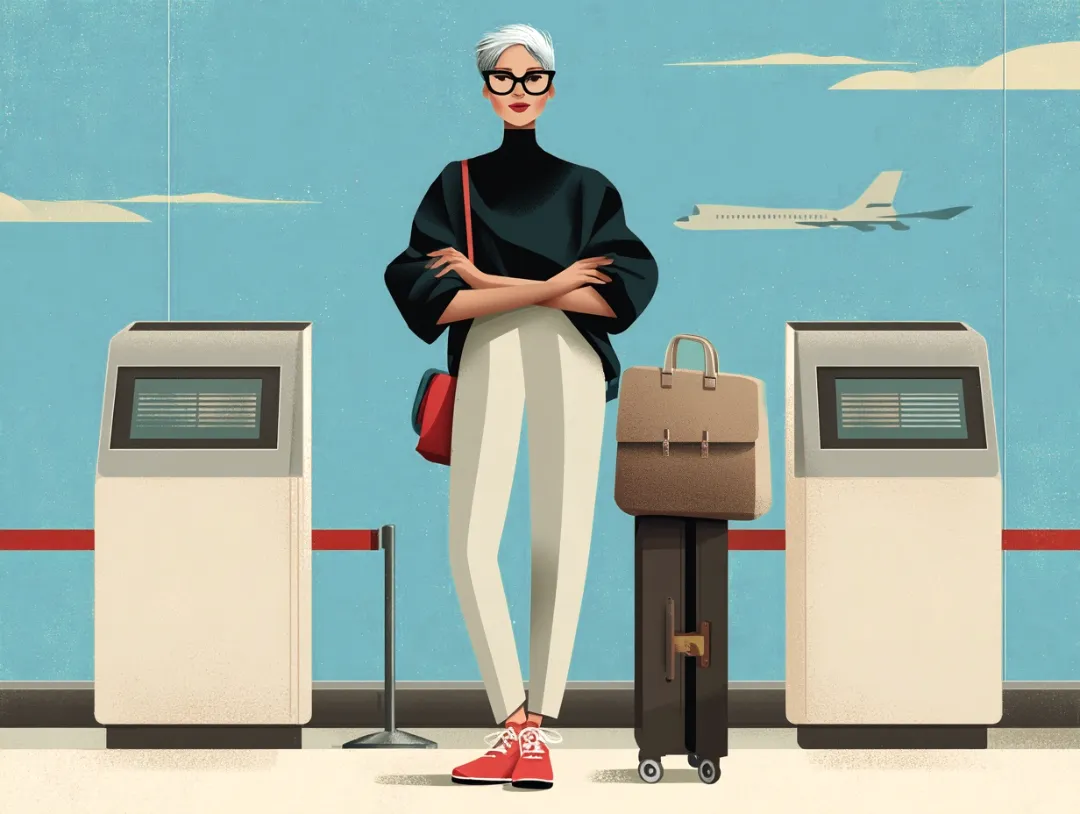 Illustration of a woman in her 50's standing confidently at the check in counter at the airport, having used the travel essentials for women packing list.
