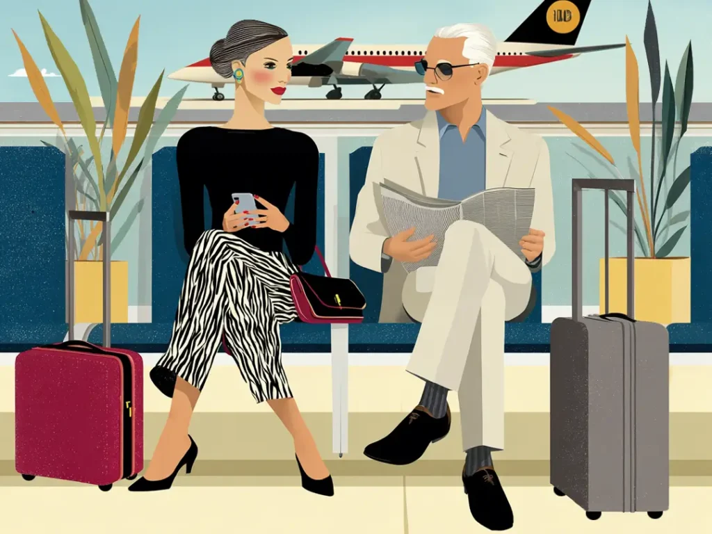 Illustration of a stylish older couple at an airport gate, ready to board a flight. Relaxed after following a few travel tips for older adults.