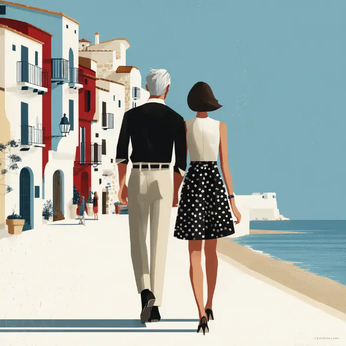 Illustration of a couple in their 50s strolling along the coast in Greece.