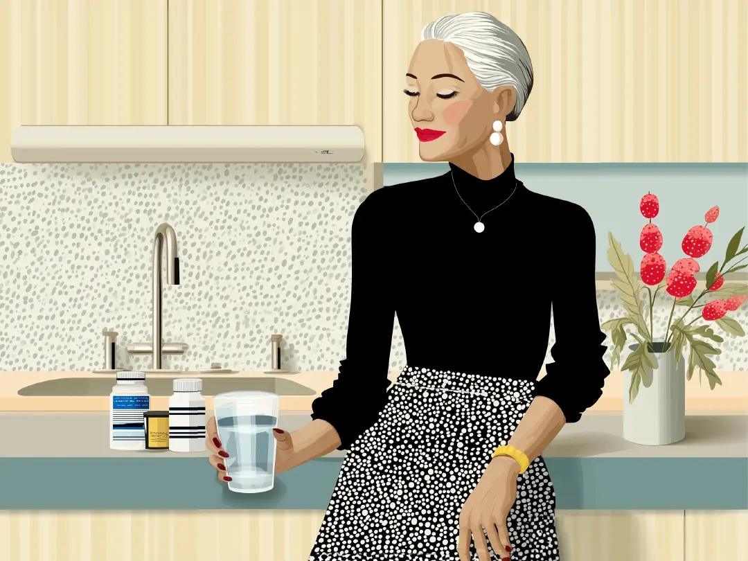A woman in her 50s is standing in her kitchen, taking her supplements  and enjoying Nad benefits