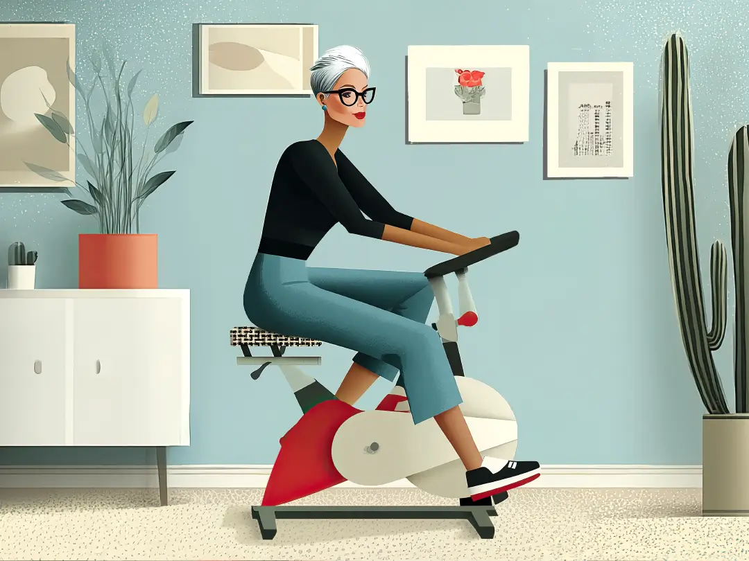 Realistic illustration of woman in her 50s exercising on her stationary bike which is one of her daily habits